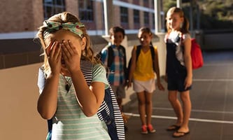 flicka på skolgård som håller händerna framför ögonen, tre elever står bakom och skrattar