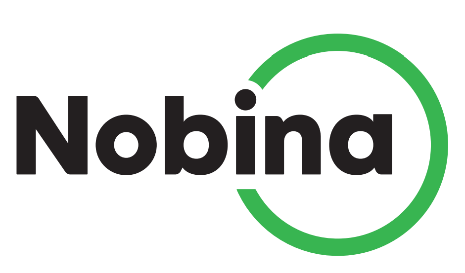 Nobinas logotyp, svart text med en grön ring